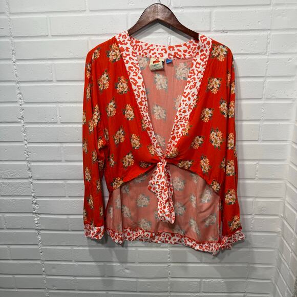 Farm Rio Anthropologie Kimono Open Front Coral Floral Animal Print One Size Fall - Picture 6 of 13